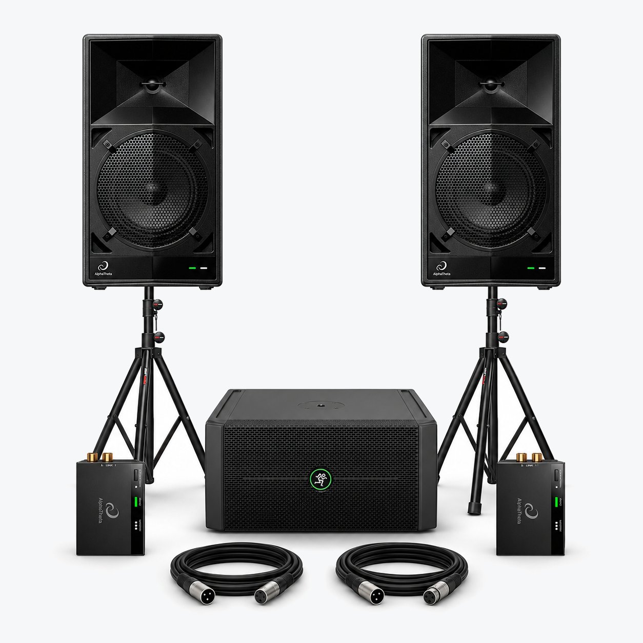 Portable battery PA system with two AlphaTheta WAVE-EIGHT speakers, Mackie ThumpSub GO subwoofer, stands, wireless transmitters and XLR cables